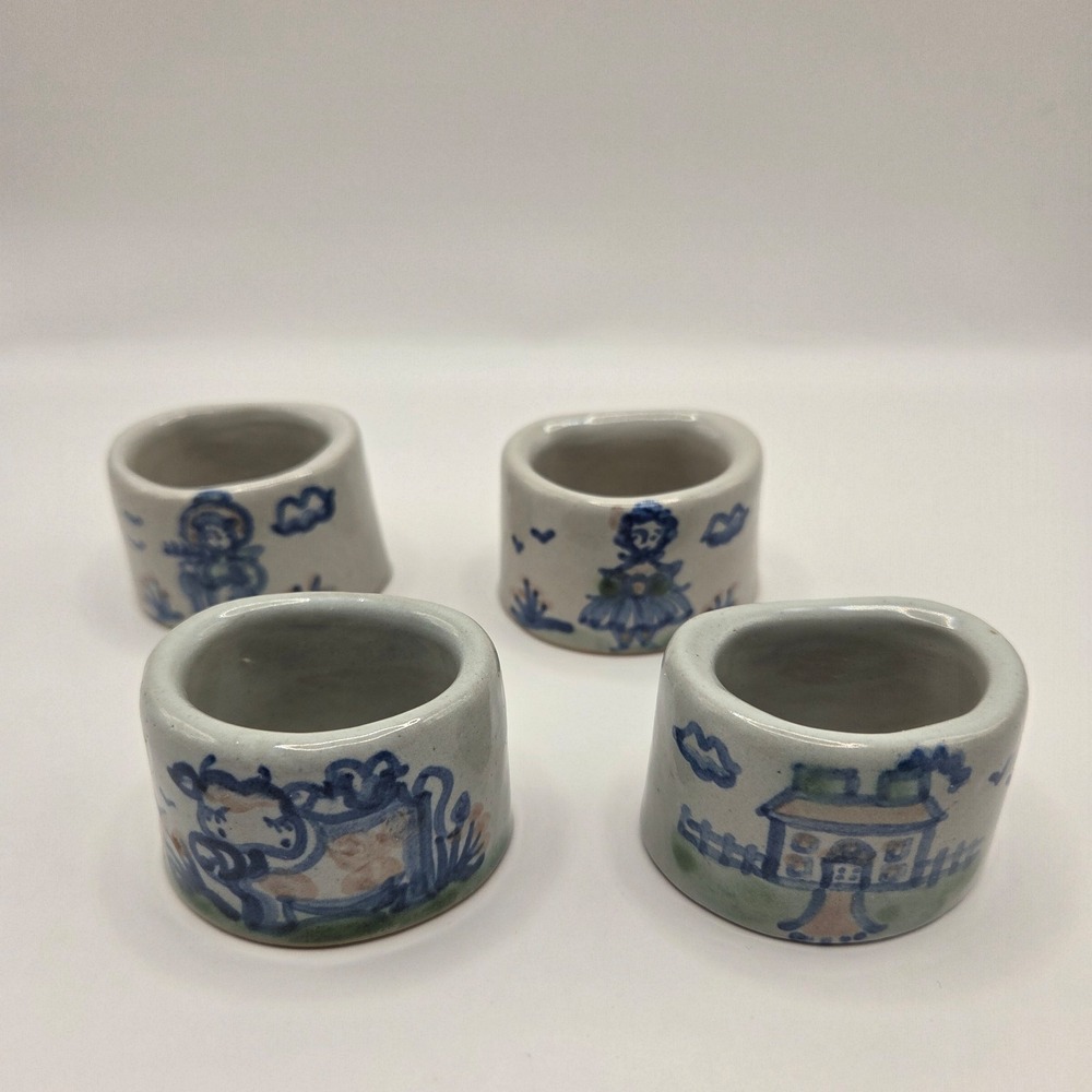 Set 4 M.A. Hadley Hand-Painted Stoneware Napkin Ring- Farmer, Woman, Cow, House - Picture 3 of 4